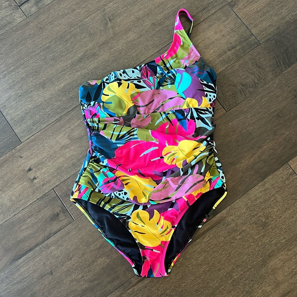 Ellen Tracy Tummy Control One Shoulder Floral Swimsuit
